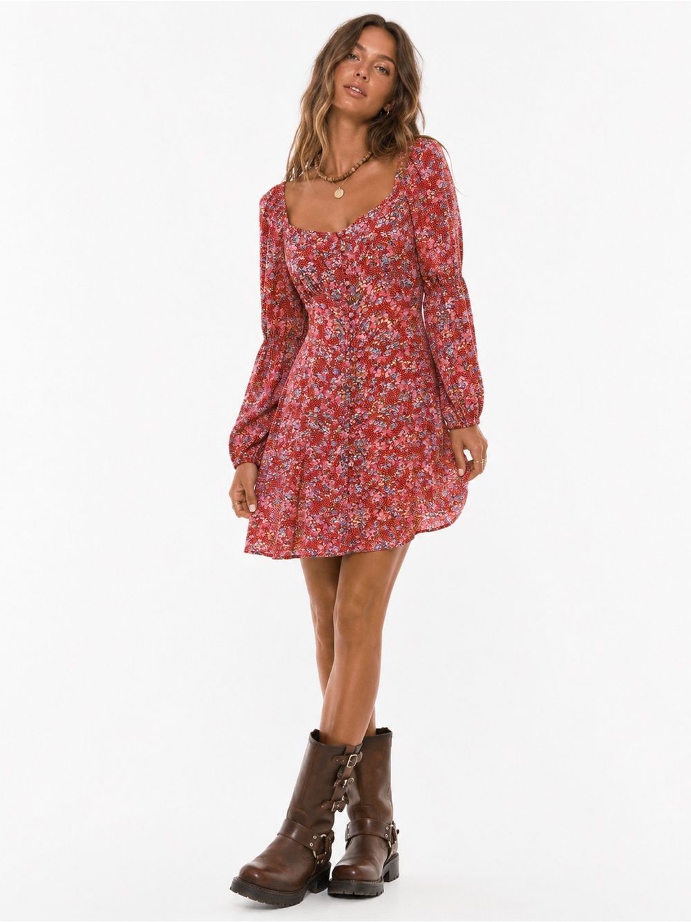Angie Red Floral Cottagecore Mini Dress Size Small Puff Sleeve Button Front